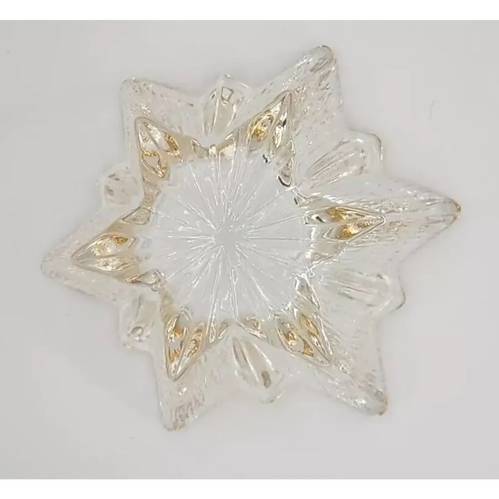 Home Beautiful Glass‎ Candle Holder Dish Star Gold Rim Cut Bark Design 5